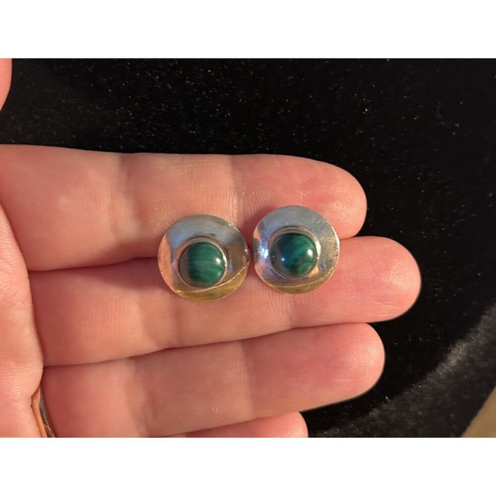 Sterling Silver Malachite Stud Earrings Round Modern Bezel Set Green Stone